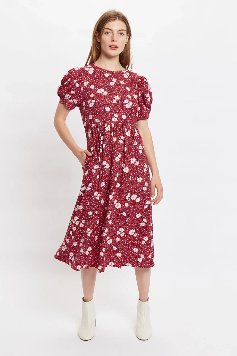 red daisy v back puff sleeve midi dress louche stasia