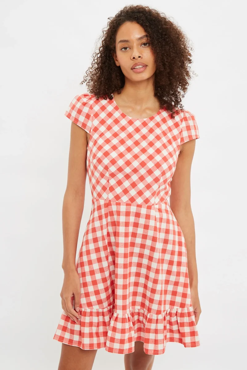 red picnic check cap sleeve mini dress