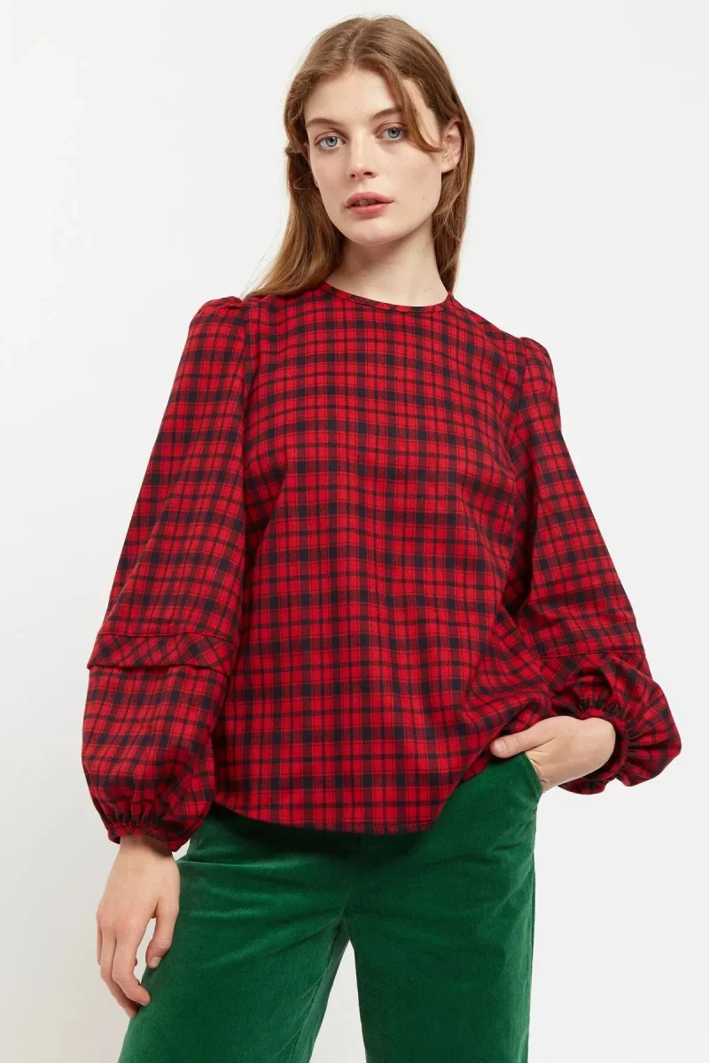 rivka winter gingham red black long sleeve blouse