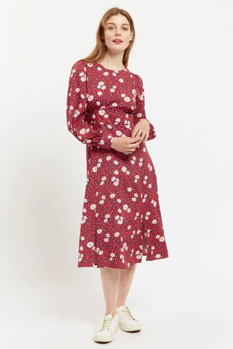 roaring daisy long sleeve midi dress in red scaled