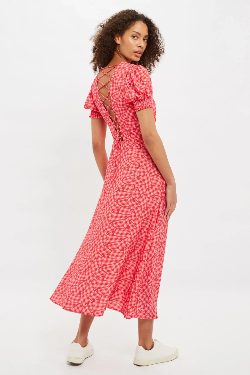 romola gingham twist midi dress with lace back