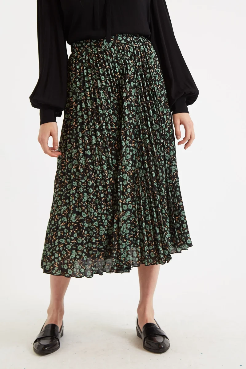 sabina green pleated midi skirt with fleur print scaled