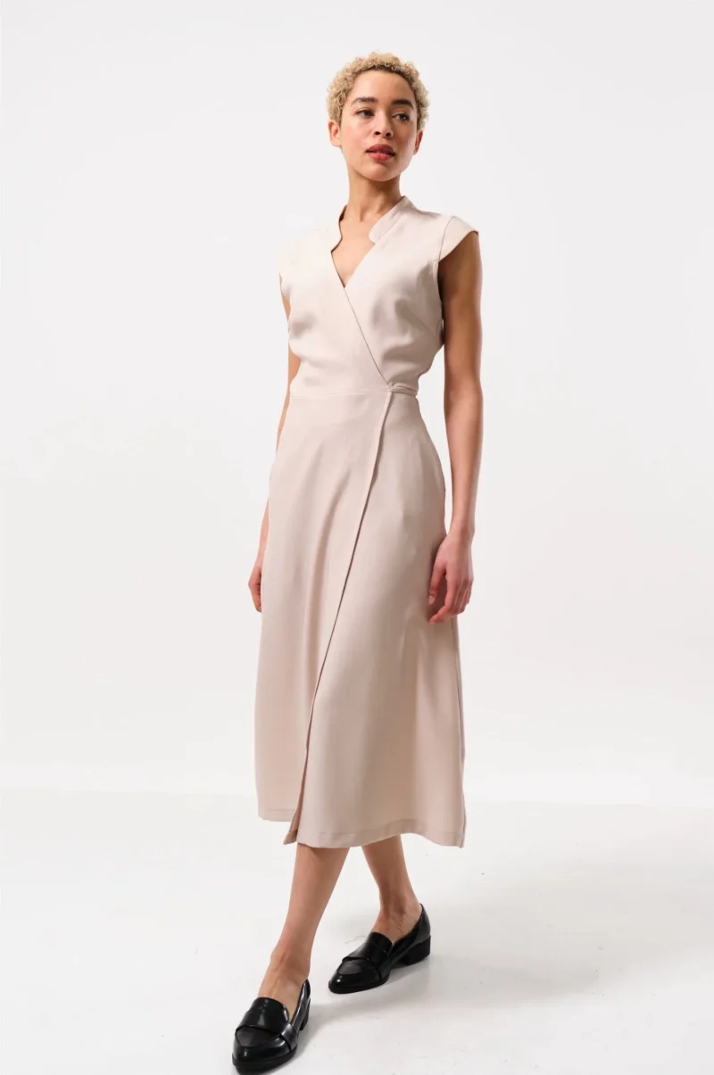 satin crepe wrap midi dress camel