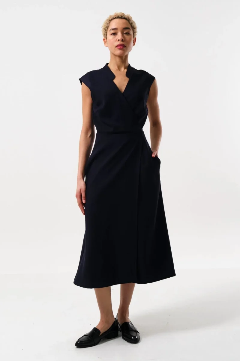 satin crepe wrap midi dress navy