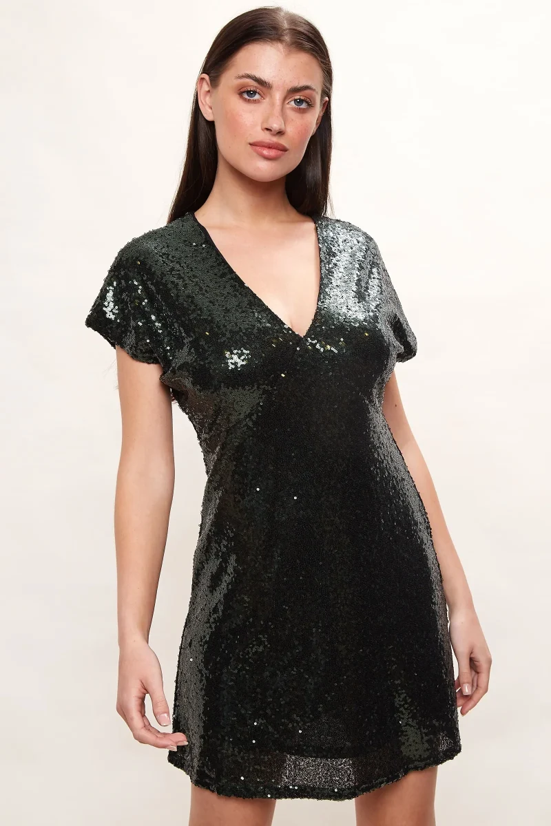 sequin v neck mini dress green