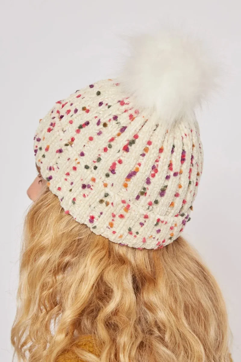 shannon off white knitted beanie with faux fur bobble