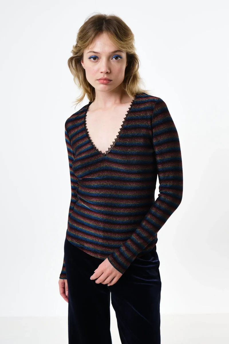 sparkle stripe gold v neck top by maeko