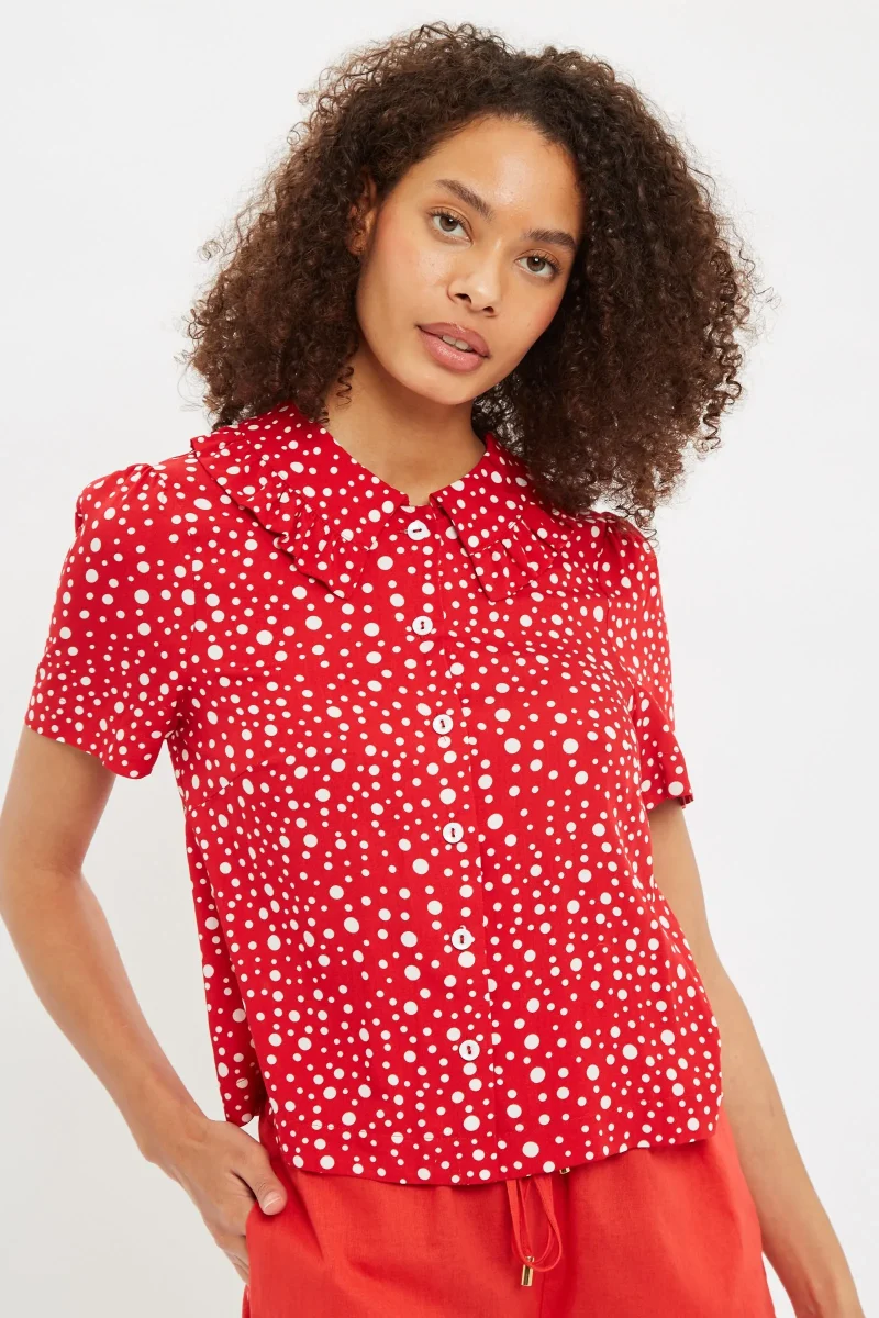 spot it print ruffle collar blouse short sleeve red