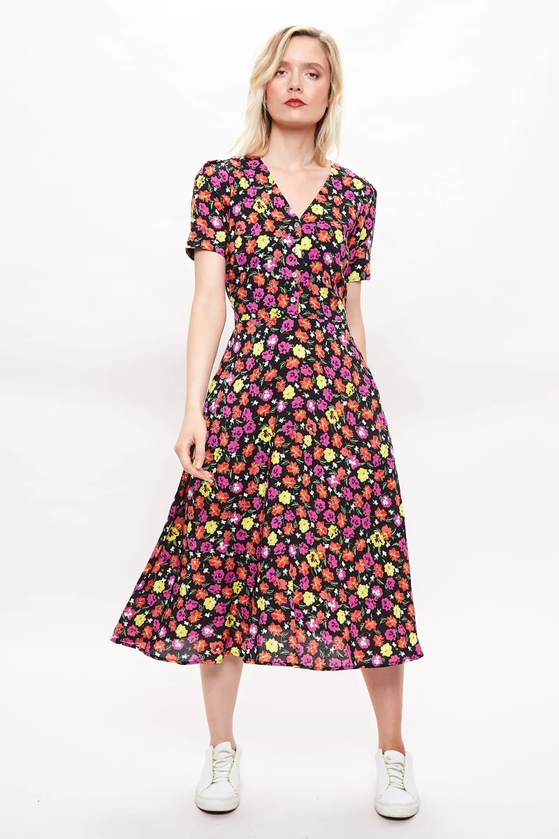 summer bloom print midi tea dress short sleeve