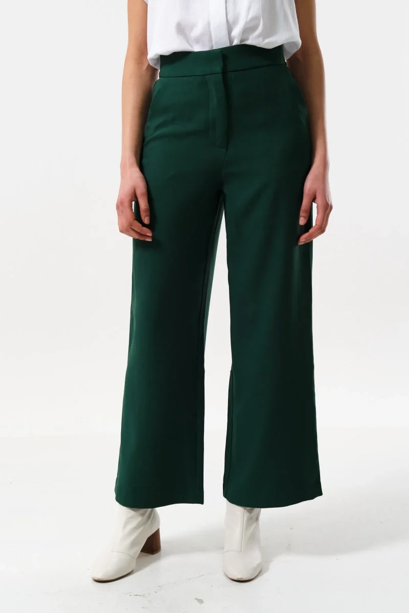 sustainable forest green satin back crepe wide leg pants