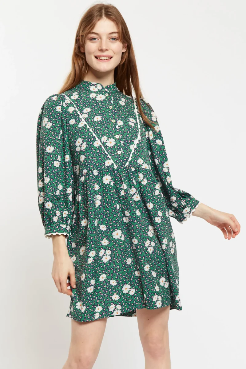 suzanne daisy print long sleeve mini dress green scaled