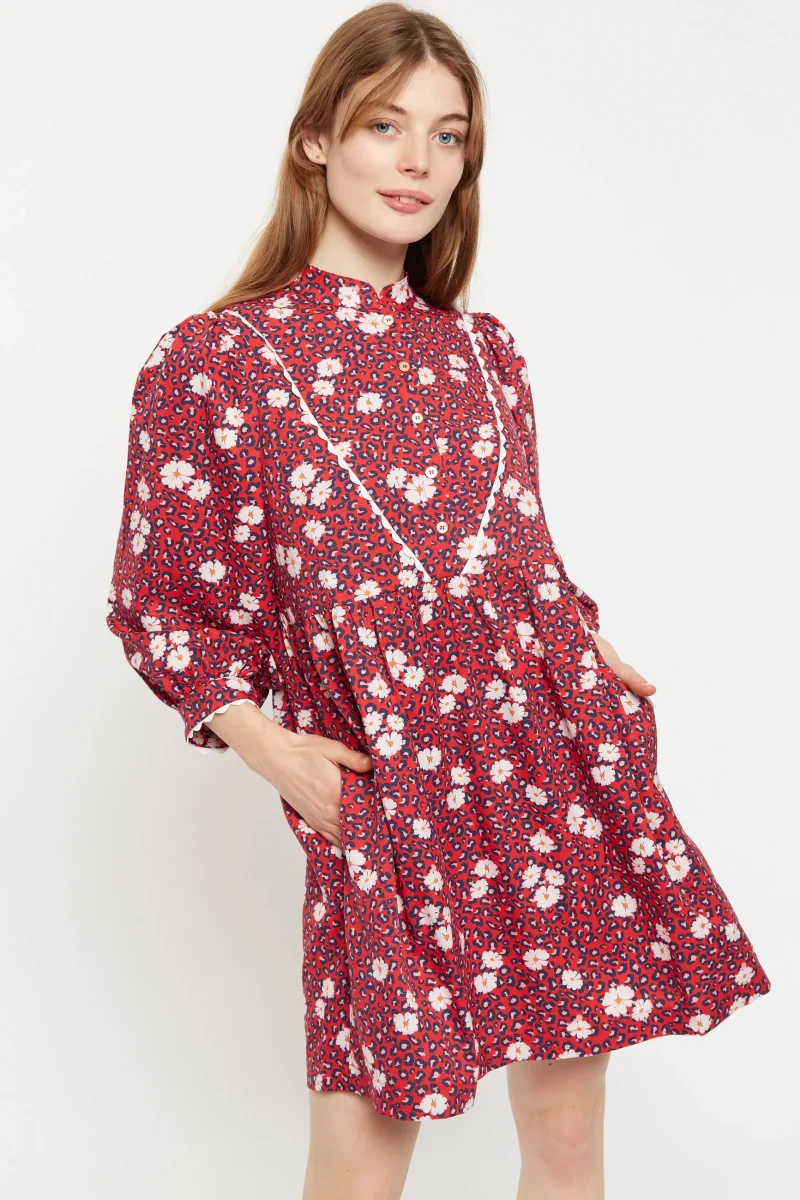 suzanne roaring daisy red mini dress long sleeve scaled