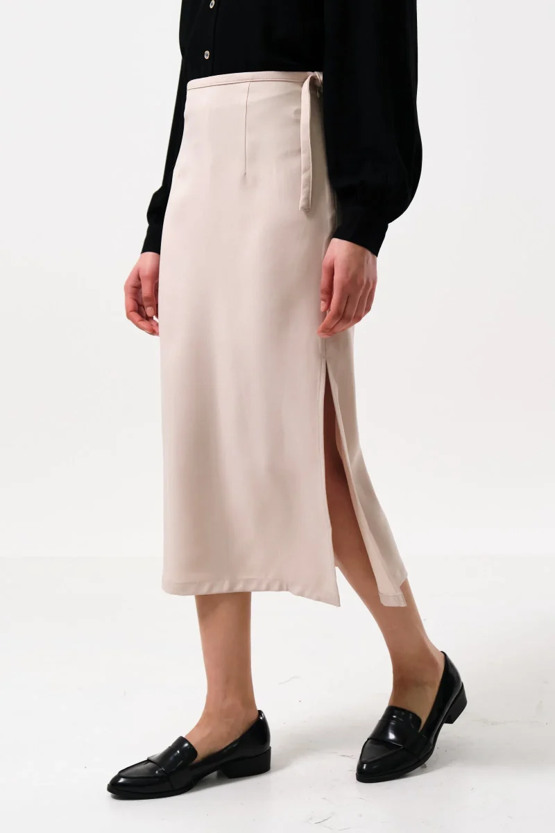 timo eco friendly satin crepe midi skirt camel