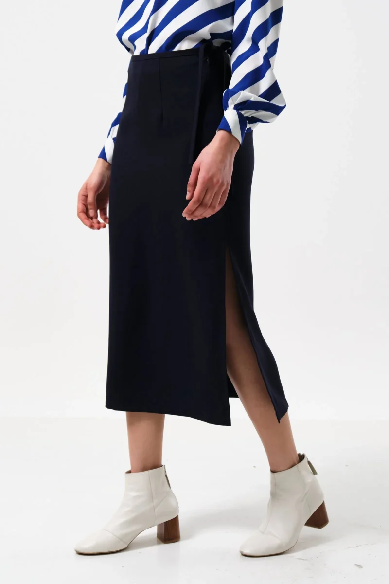 timo sustainable satin crepe midi skirt navy