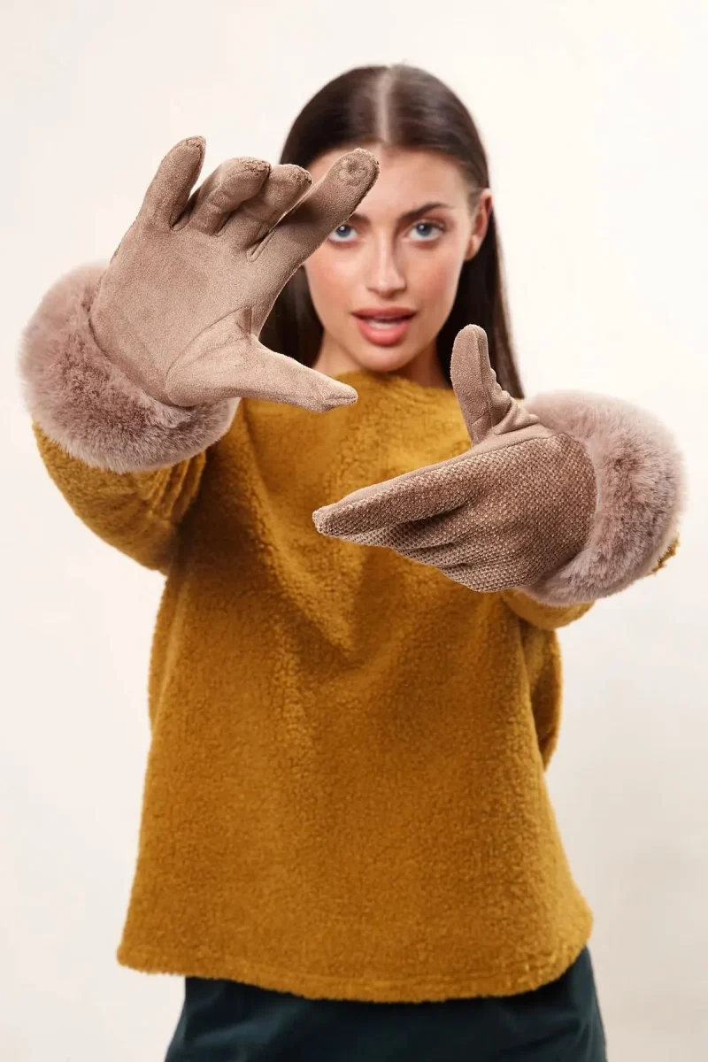 touchscreen faux suede fur cuffed gloves stone