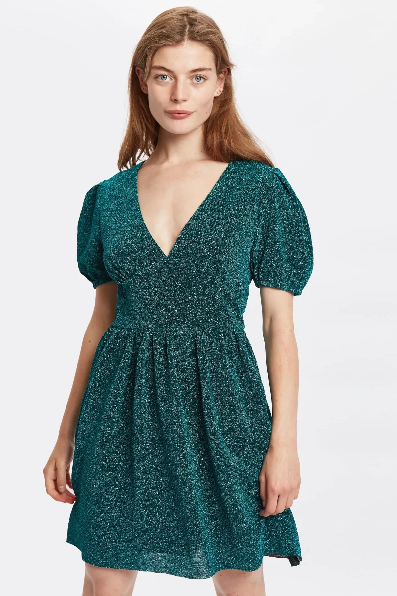 v neck lurex jersey mini dress by louche paulina