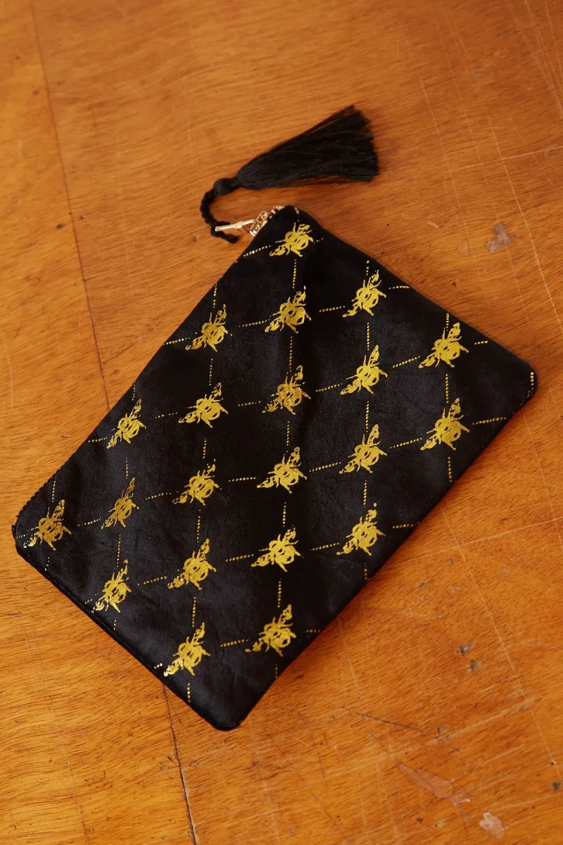 velvet makeup bag with bee print