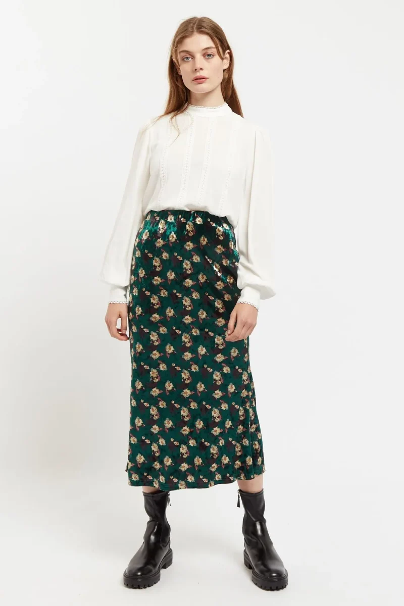 velvet midi pencil skirt w paint brush print