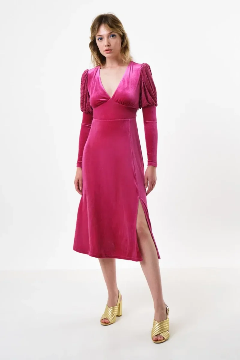 velvet v neck midi dress in pink moa