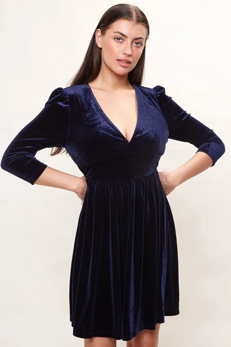 velvet v neck mini dress navy fit flare