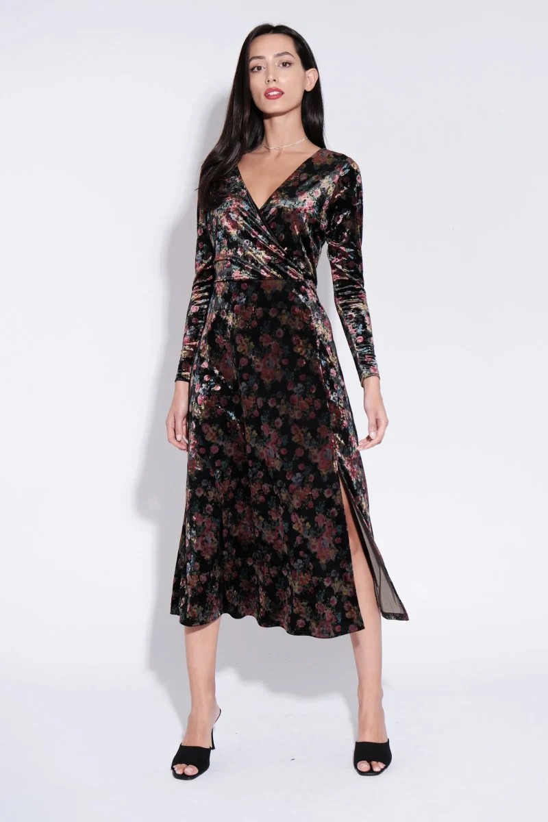 velvet wrap midi dress with rose bowl print