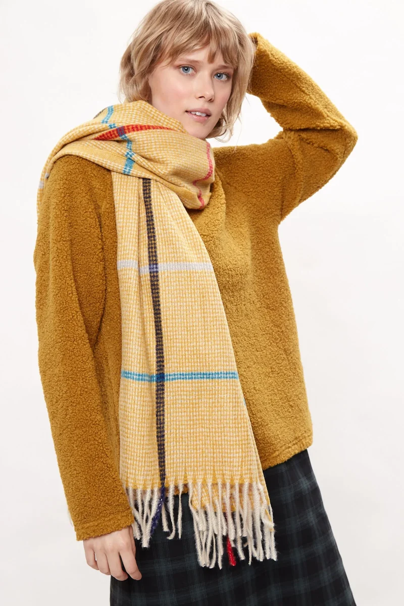 warm fluffy check scarf with tassels mustard