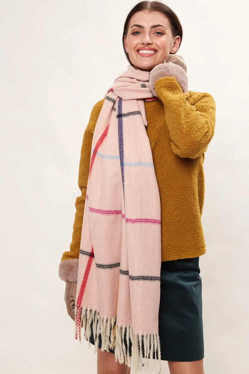 warm fluffy tasseled check scarf pink