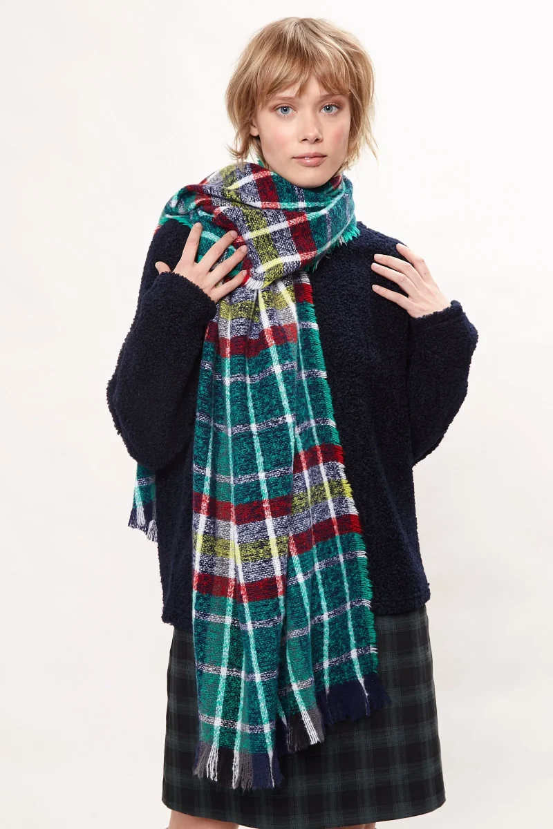 warm handle checked fringe scarf green