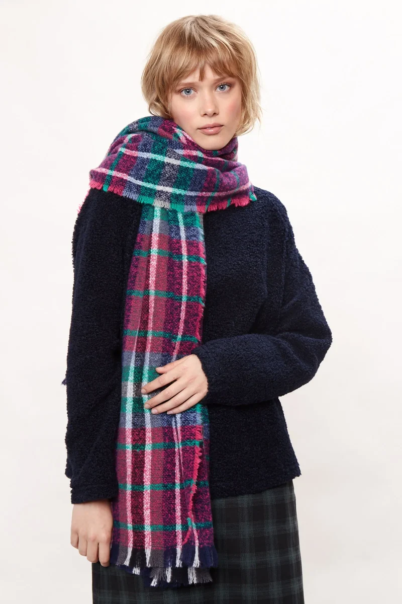 warm navy checked scarf with fringed edges louche clodagh