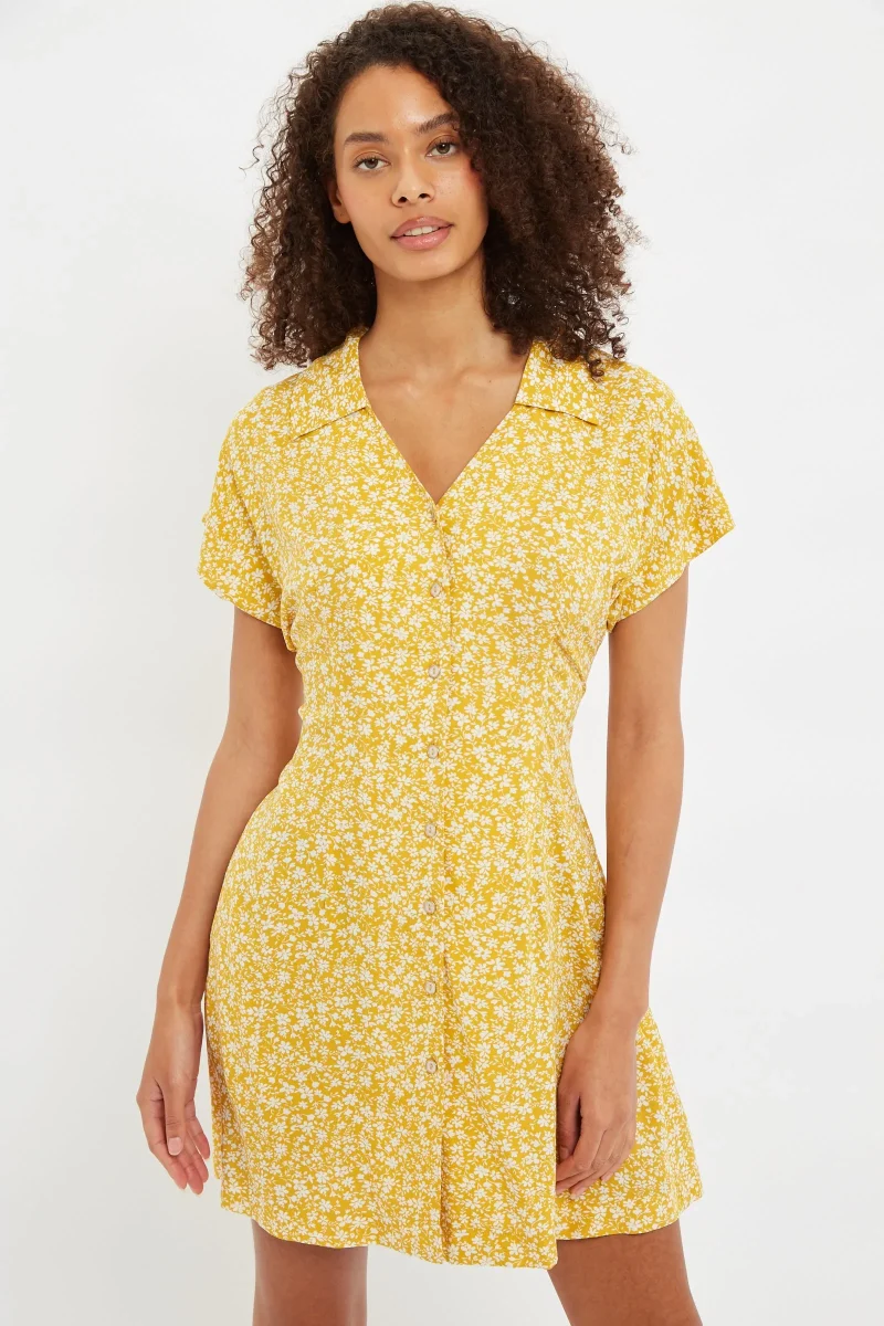 yellow blossom lace back mini dress short sleeve