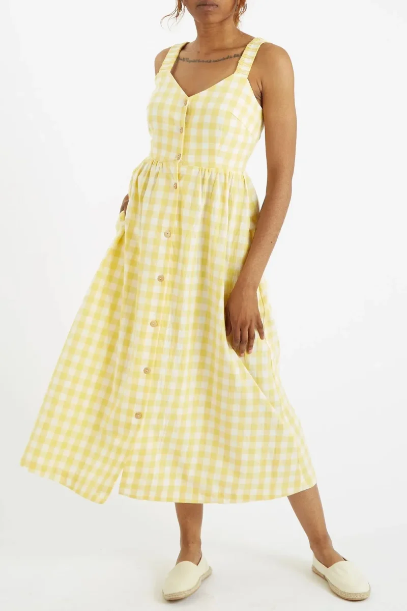 yellow picnic check midi sundress button through design