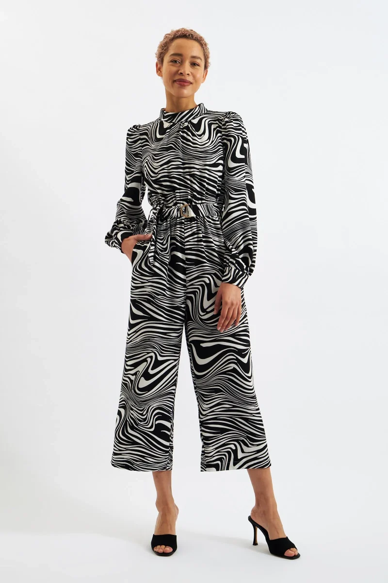 zebra print long sleeve jumpsuit black white