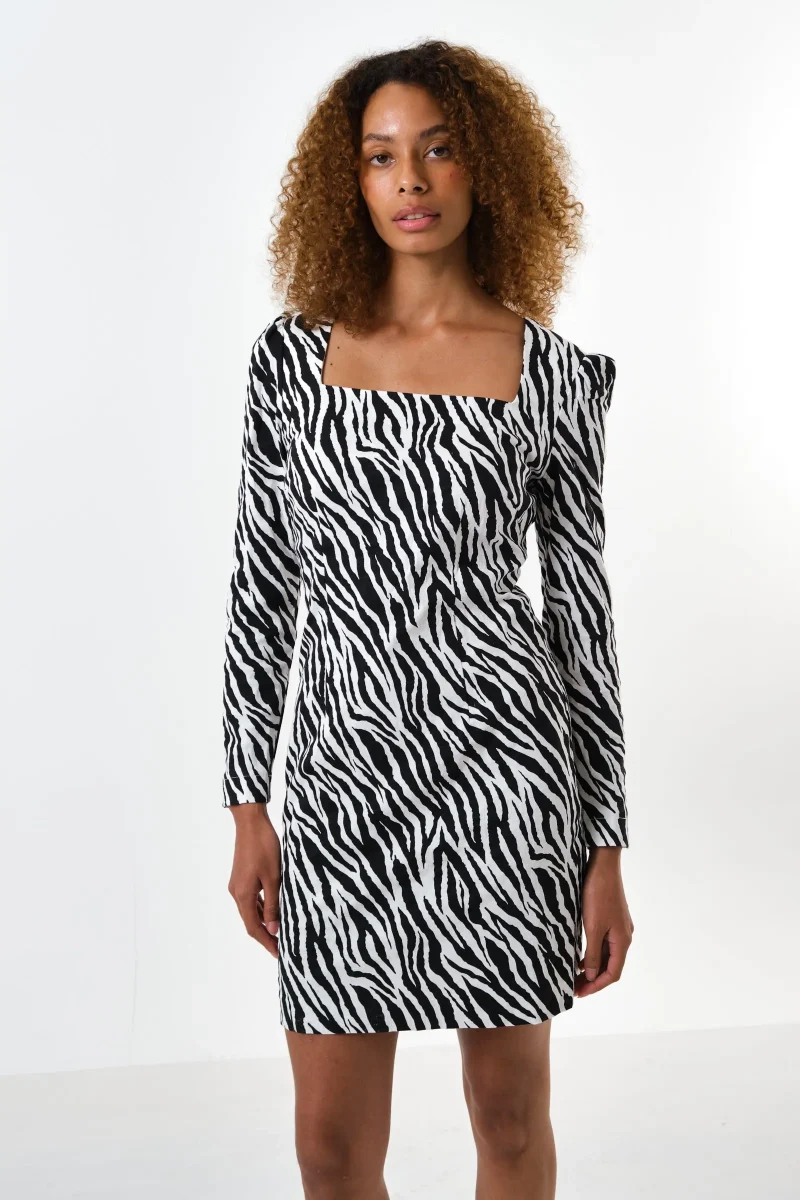 zebra print square neck mini dress